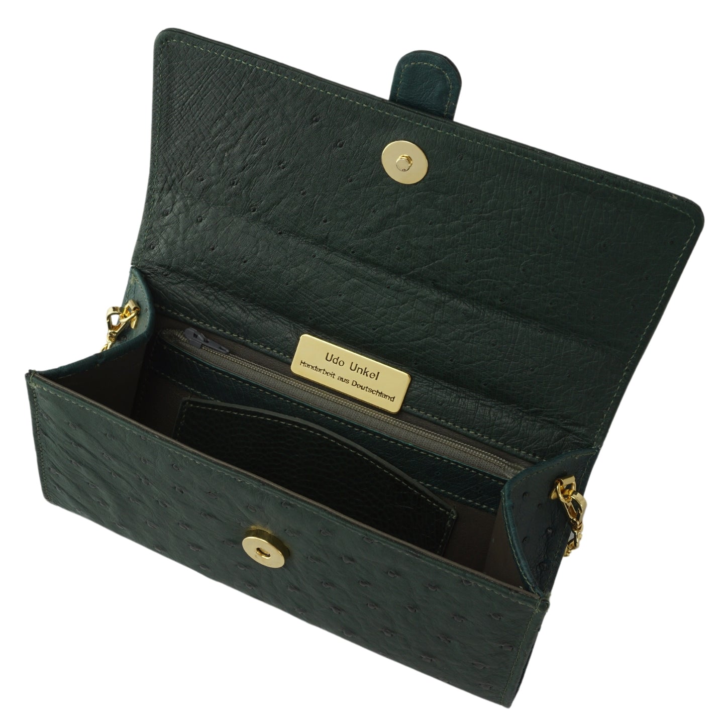 Handtasche "Die Clutch" in Cyprusgrün mit goldfarbenen Details & Schulterriemen