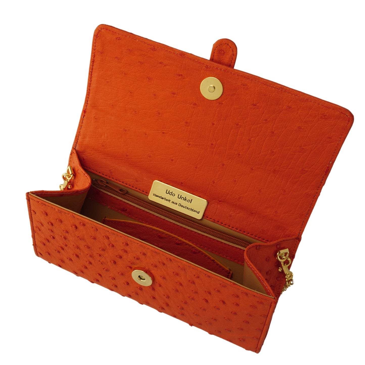 Handtasche "Die Clutch" in Orange mit goldfarbenen Details & Schulterriemen