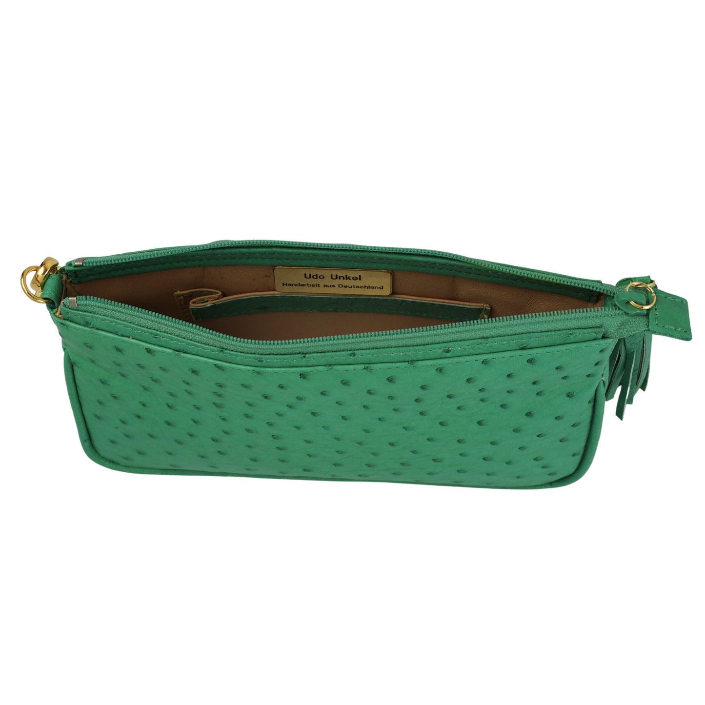 Handtasche "Pochette" in Smaragdgrün mit goldfarbenen Details