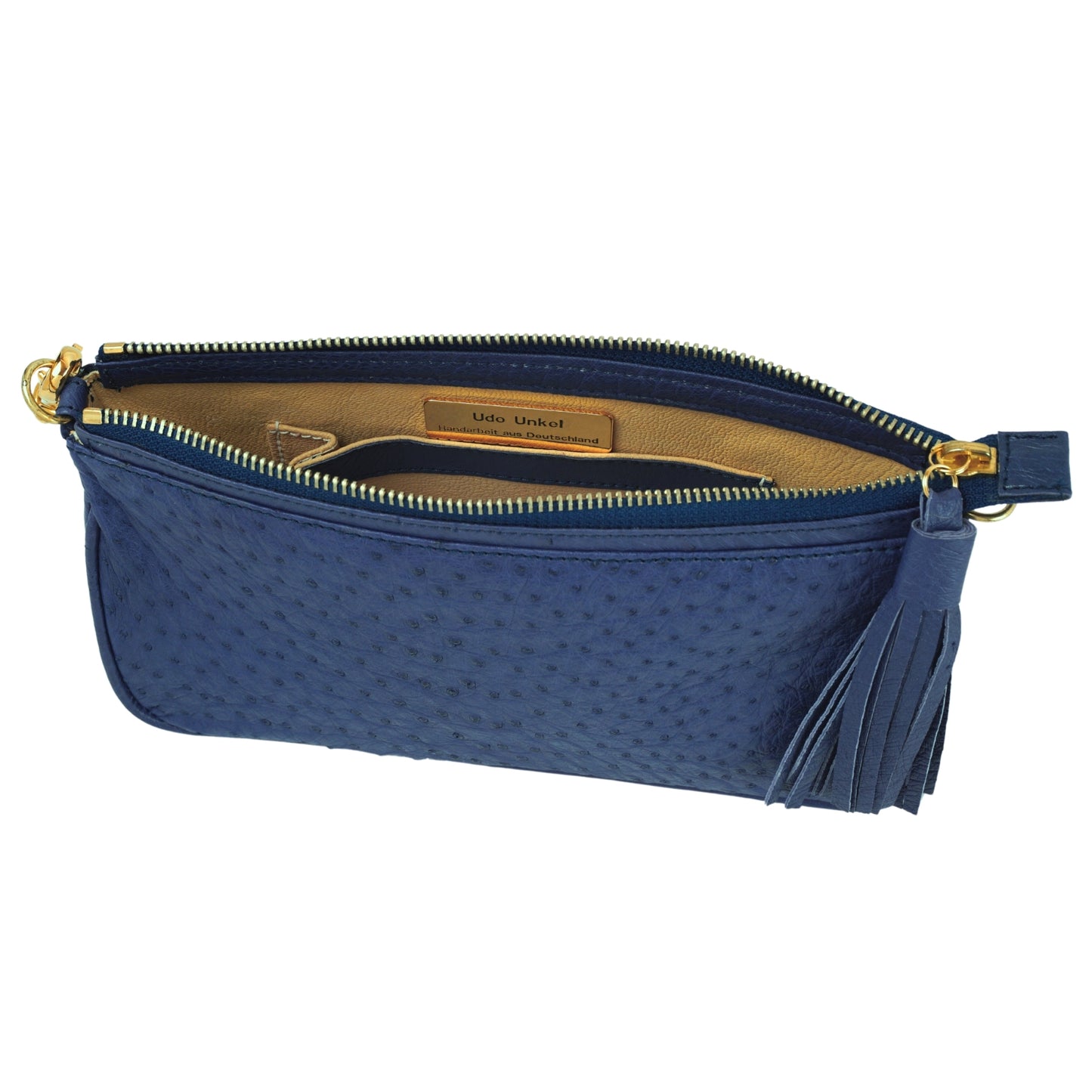 Handtasche "Pochette" in Irisblau mit goldfarbenen Details