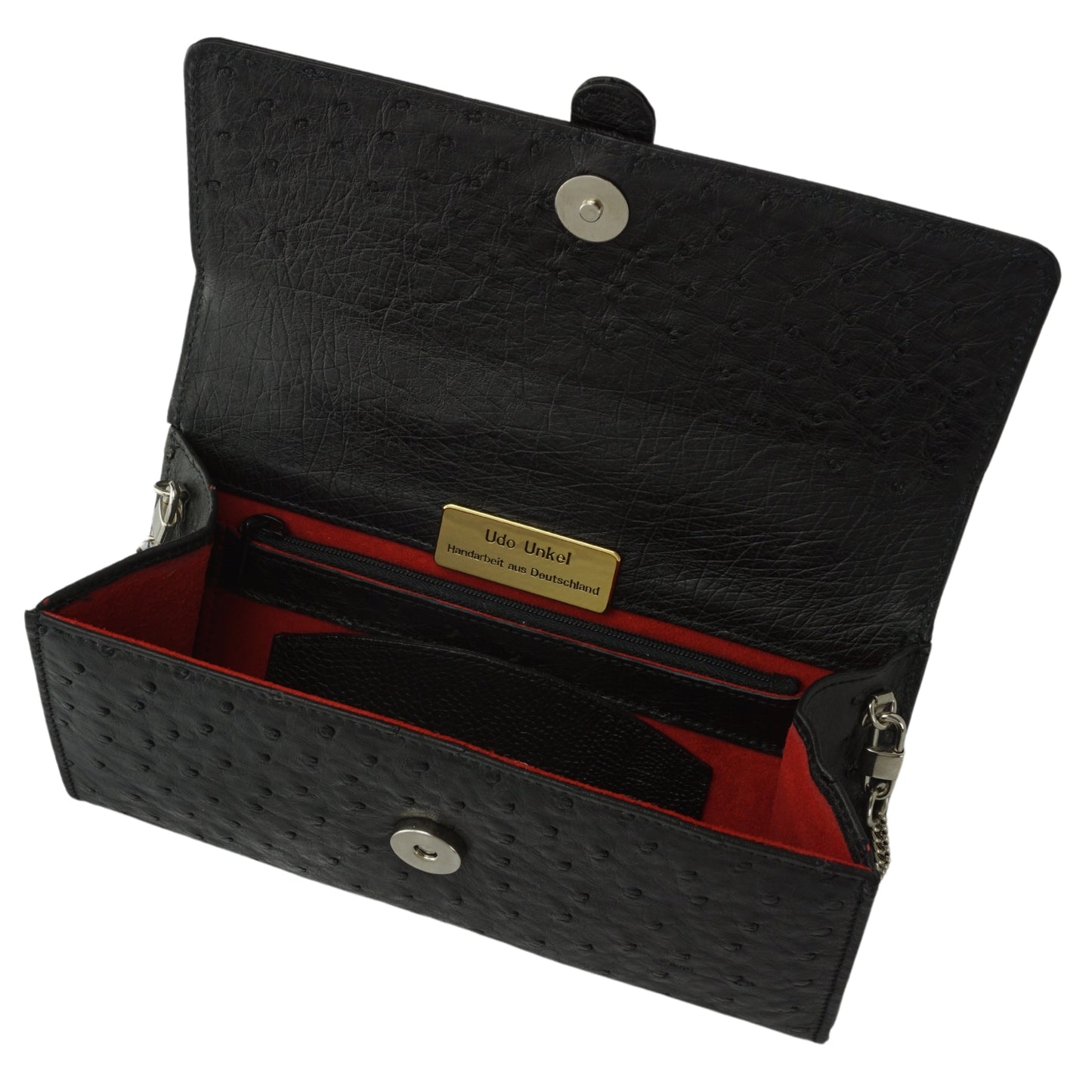 Handtasche "Die Clutch" in Schwarz mit silberfarbenen Details & Schulterriemen