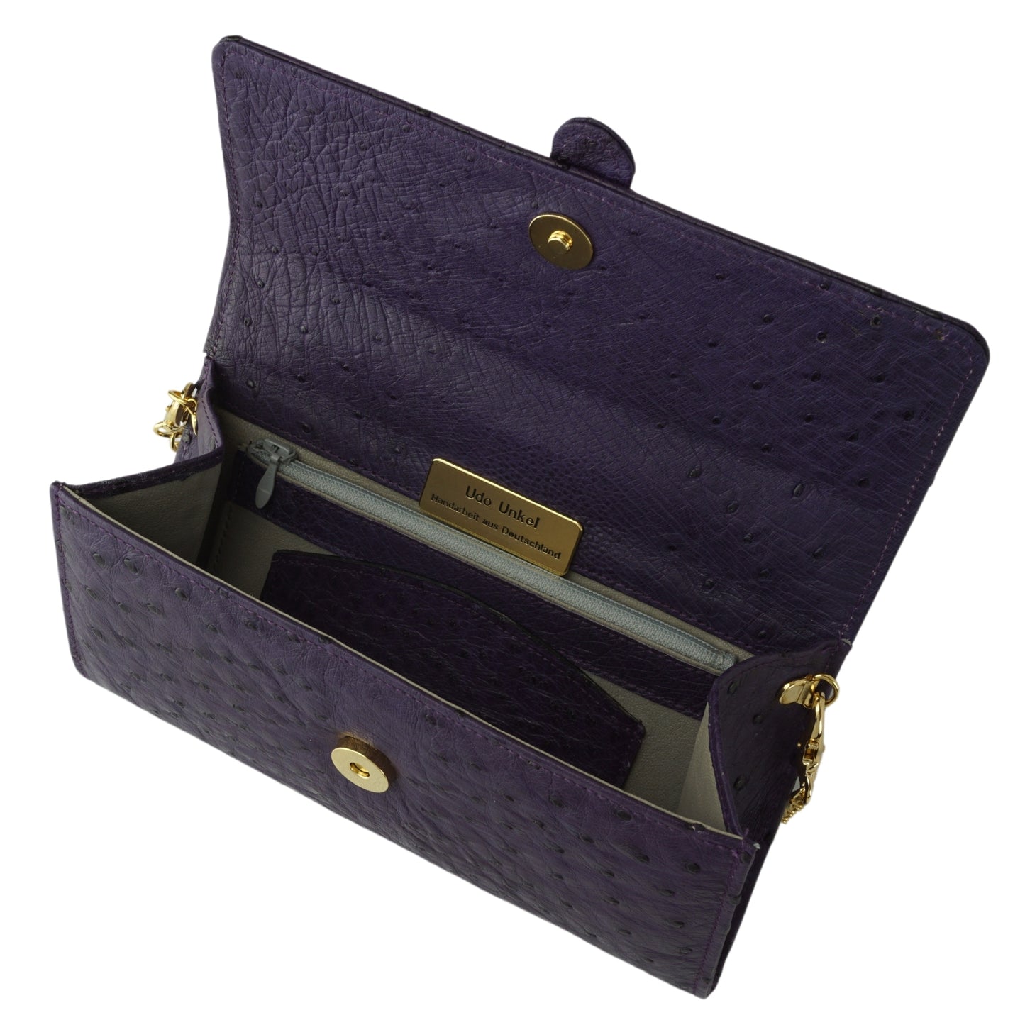 Handtasche "Die Clutch" in Lila mit goldfarbenen Details & Schulterriemen