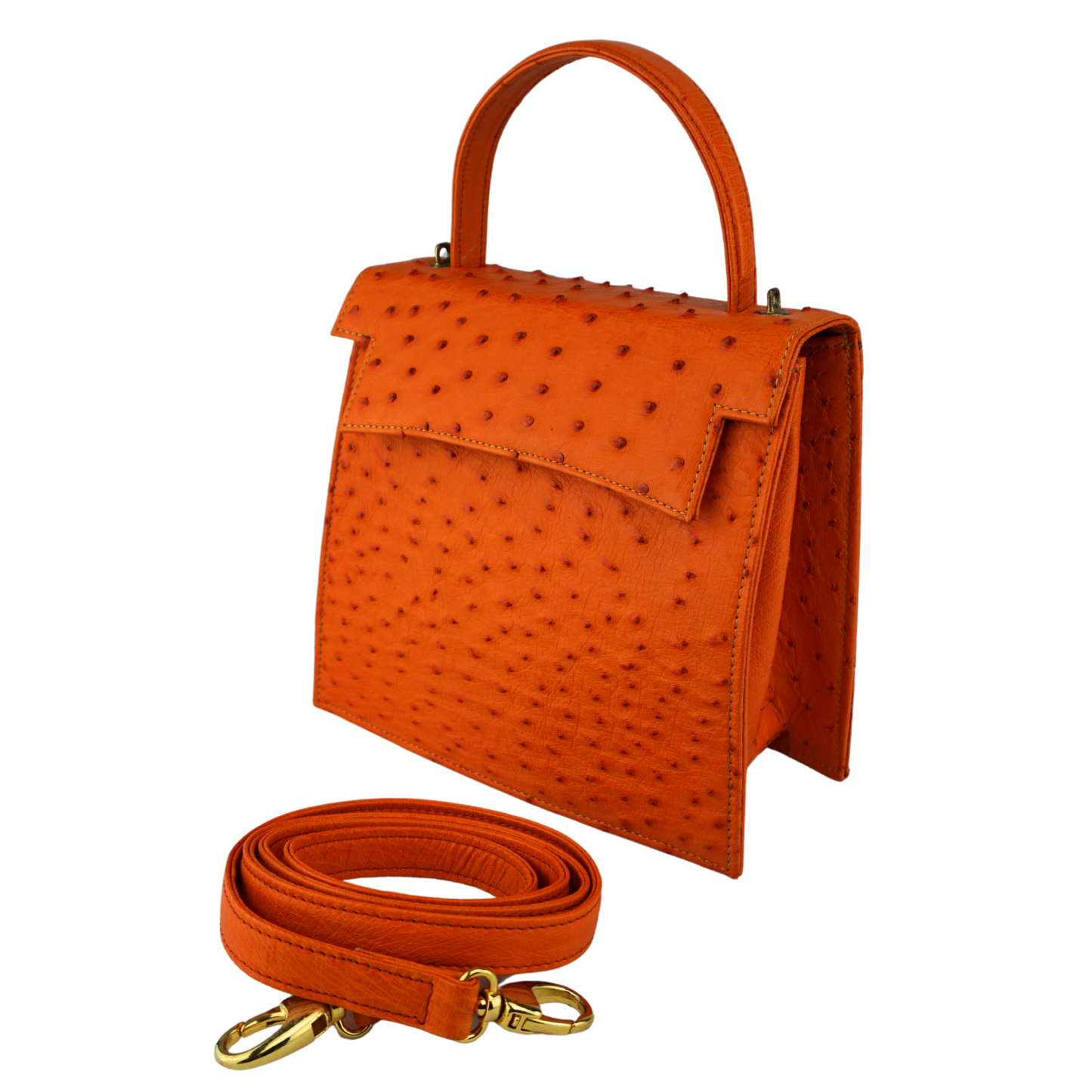 Straußenleder Henkeltasche in Orange mit goldfarbenen Details