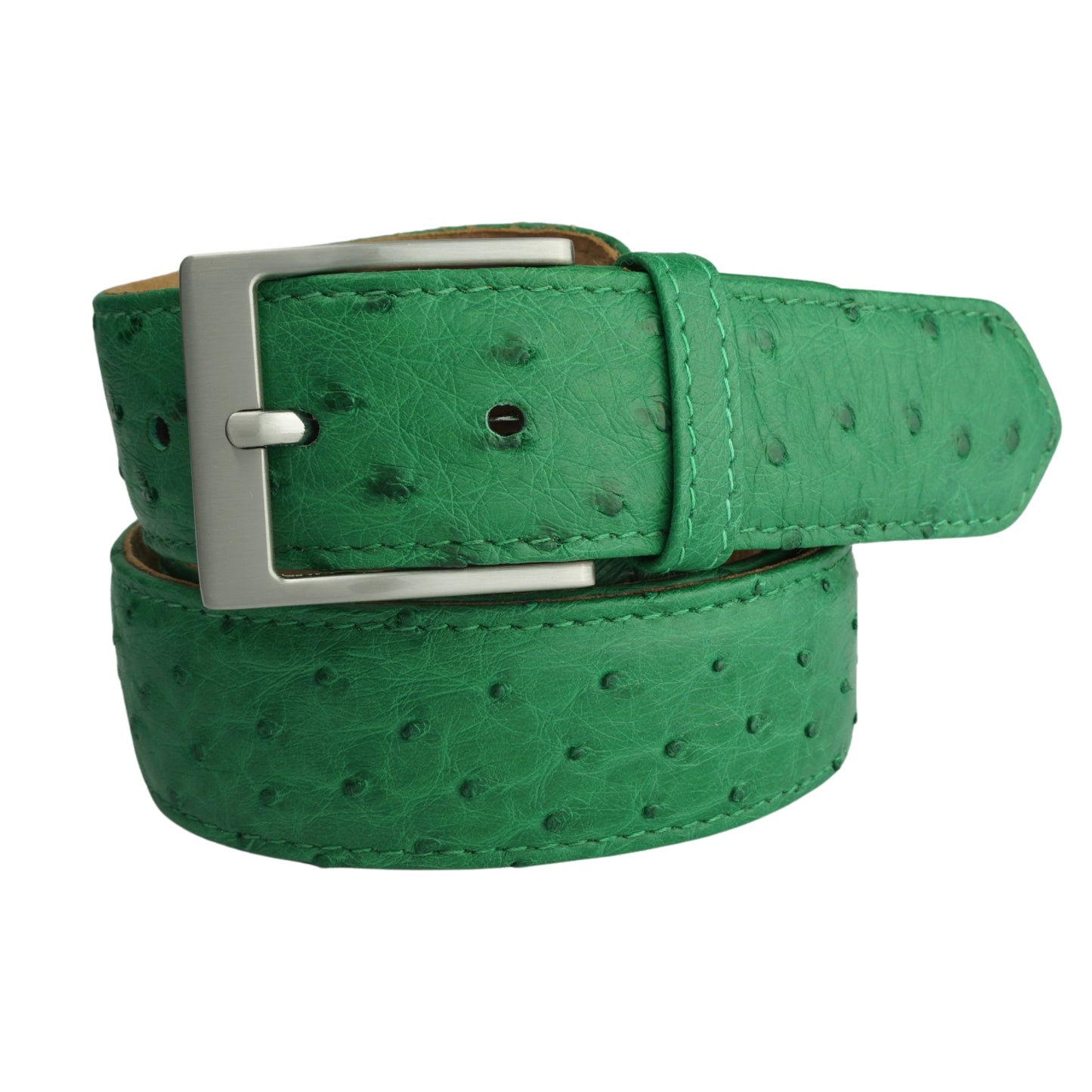 Emerald green ostrich leather belt with silver buckle, custom made