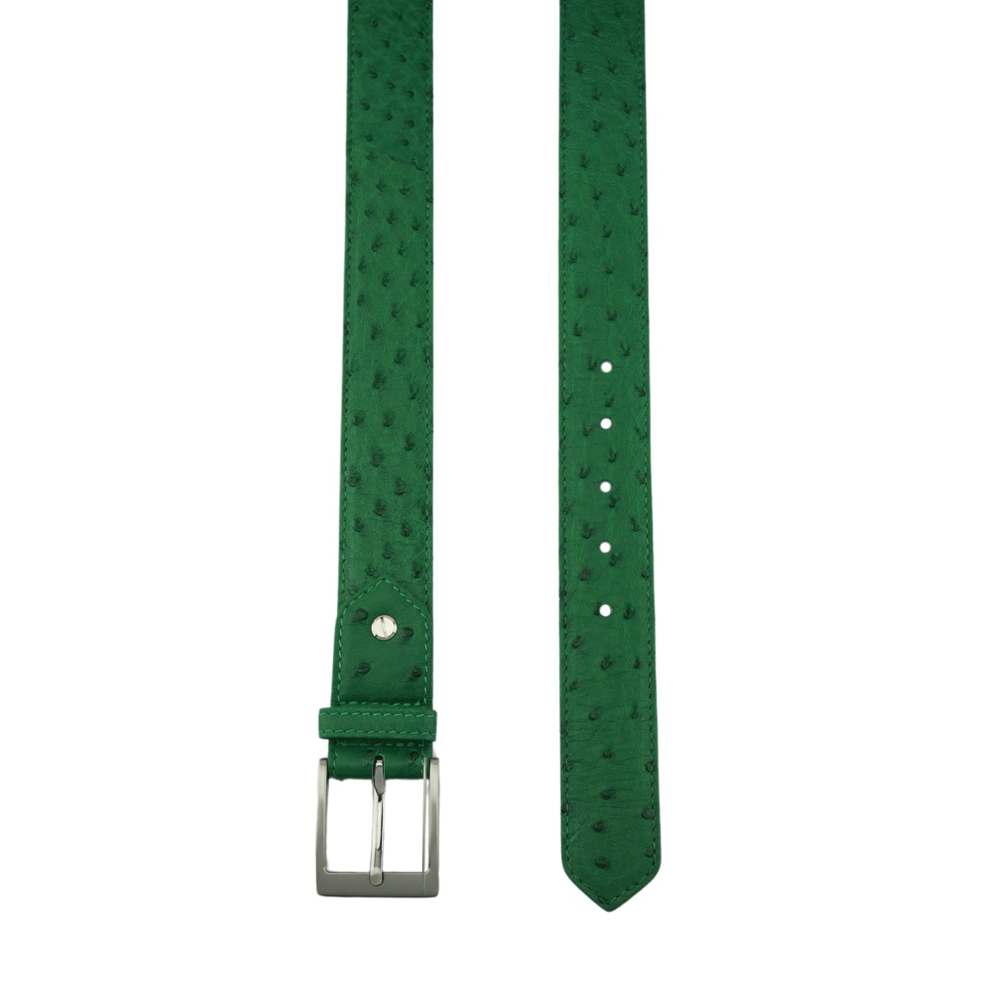 Emerald green ostrich leather belt with silver buckle, custom made