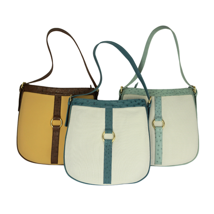 Straußenleder Handtasche in Braun/Gelb mit goldfarbenen Details