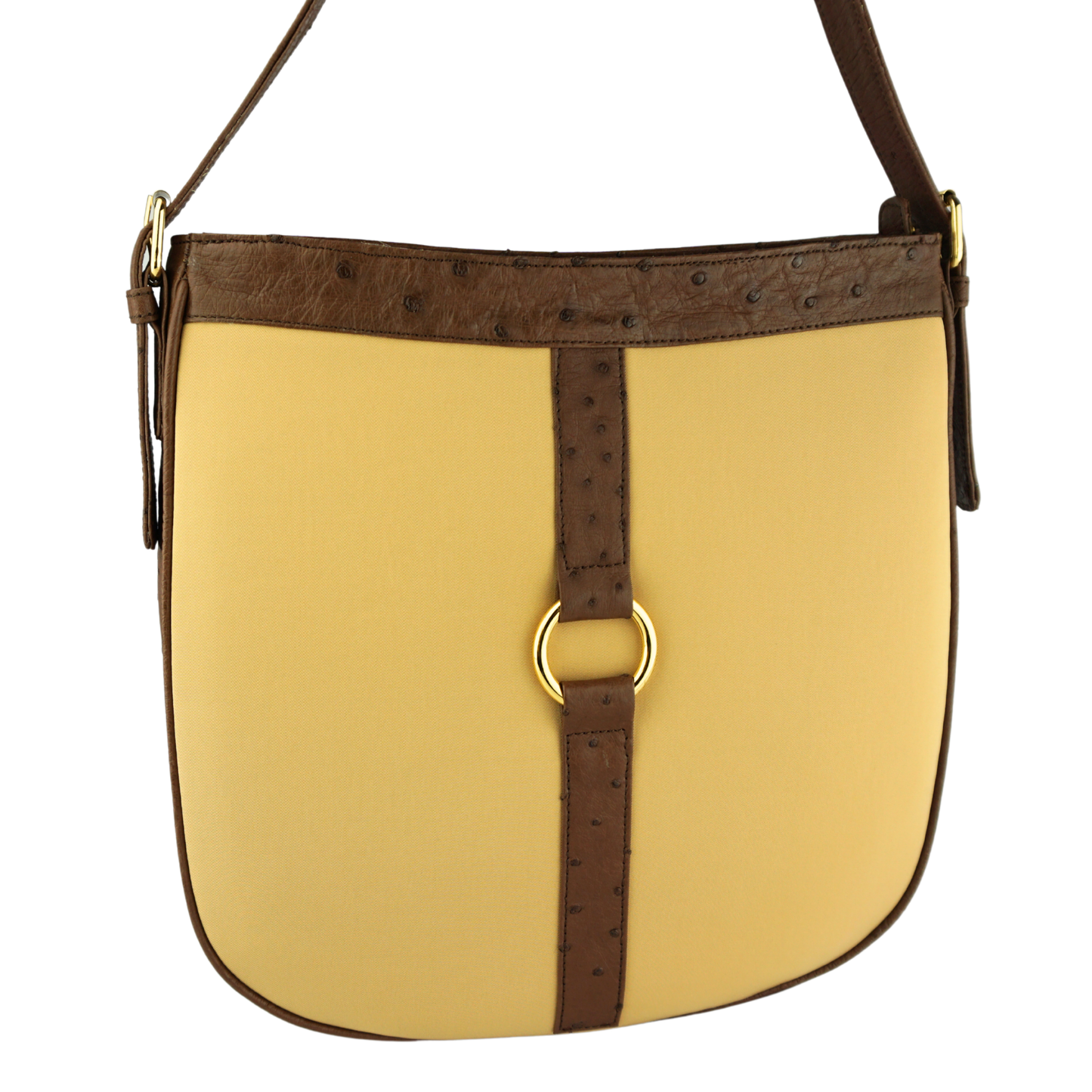 Straußenleder Handtasche in Braun/Gelb mit goldfarbenen Details