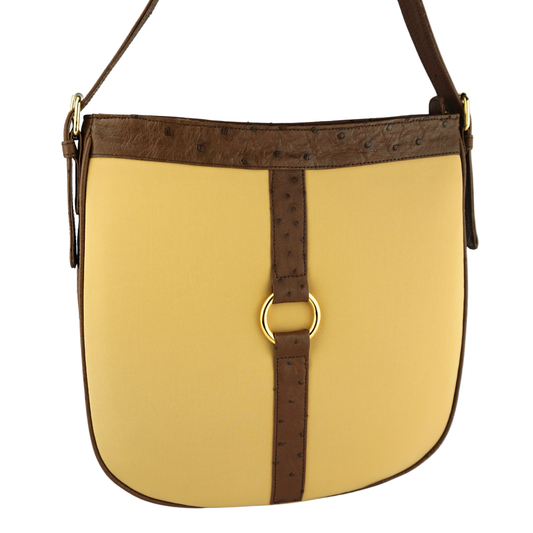 Straußenleder Handtasche in Braun/Gelb mit goldfarbenen Details