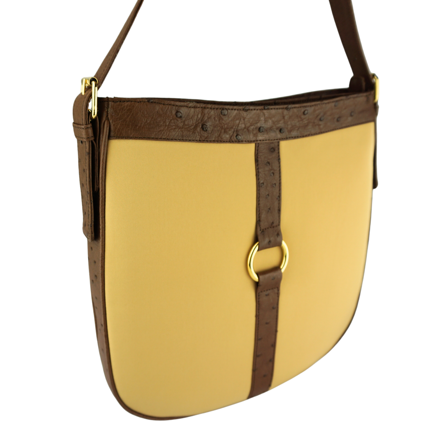 Straußenleder Handtasche in Braun/Gelb mit goldfarbenen Details