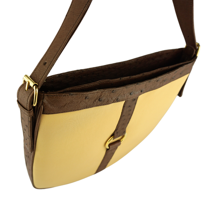 Straußenleder Handtasche in Braun/Gelb mit goldfarbenen Details