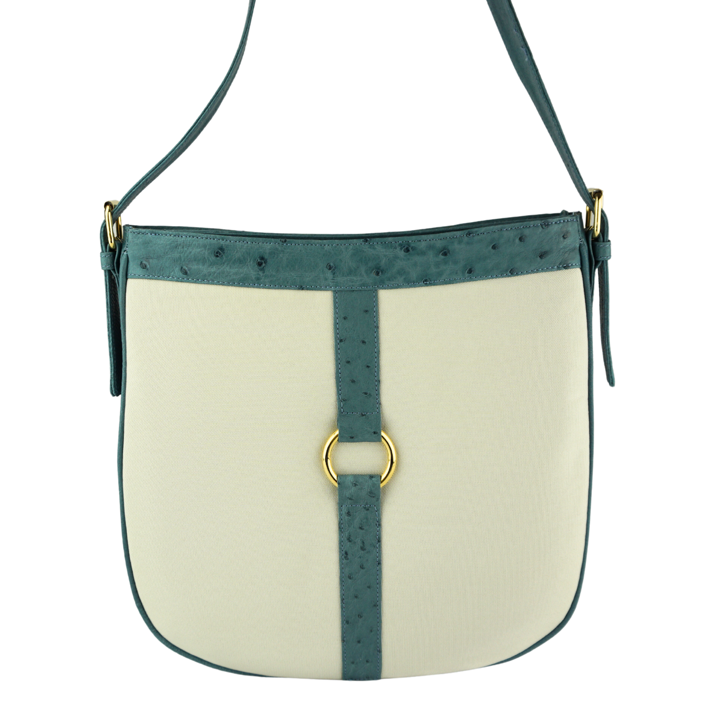 Straußenleder Handtasche in Blau/Beige mit goldfarbenen Details