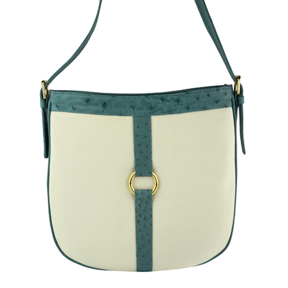 Straußenleder Handtasche in Blau/Beige mit goldfarbenen Details