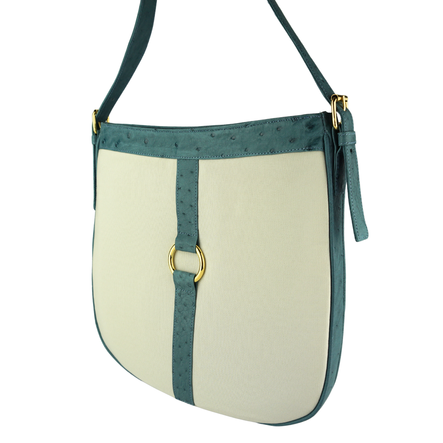 Straußenleder Handtasche in Blau/Beige mit goldfarbenen Details