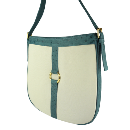 Straußenleder Handtasche in Blau/Beige mit goldfarbenen Details