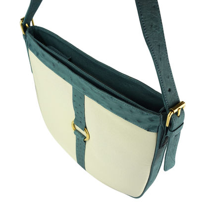 Straußenleder Handtasche in Blau/Beige mit goldfarbenen Details