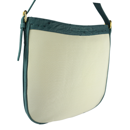 Straußenleder Handtasche in Blau/Beige mit goldfarbenen Details
