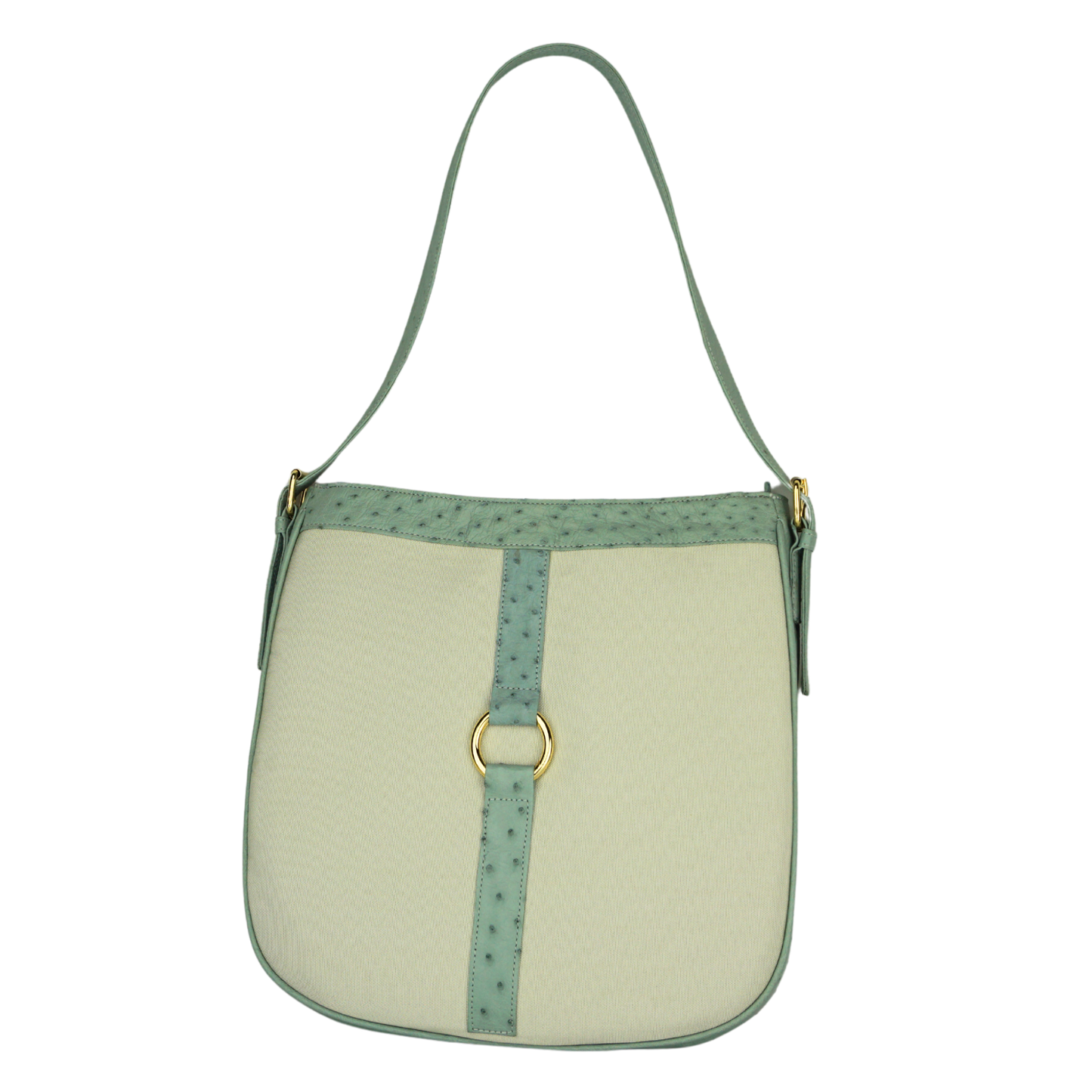 Straußenleder Handtasche in Hellblau/Beige mit goldfarbenen Details