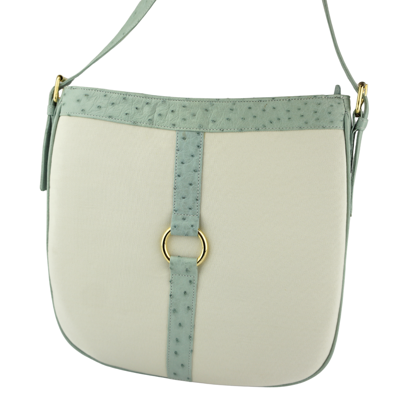 Straußenleder Handtasche in Hellblau/Beige mit goldfarbenen Details