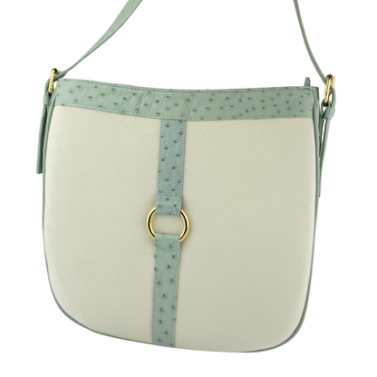 Straußenleder Handtasche in Hellblau/Beige mit goldfarbenen Details