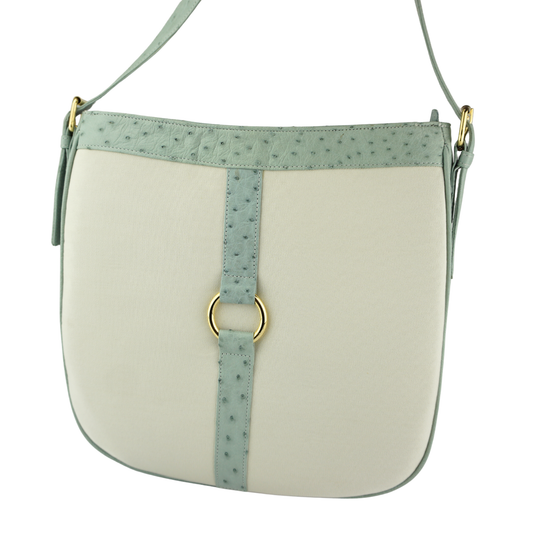 Straußenleder Handtasche in Hellblau/Beige mit goldfarbenen Details