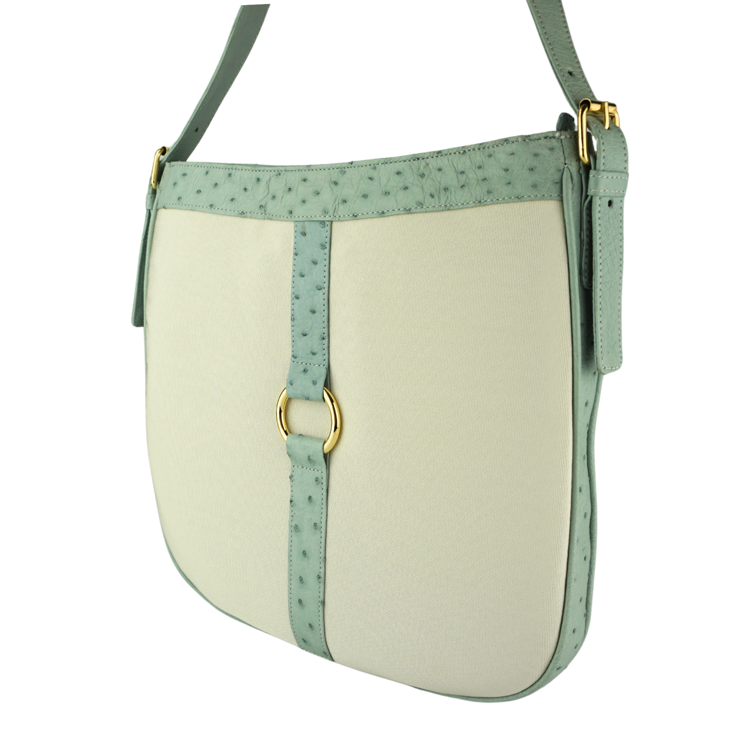 Straußenleder Handtasche in Hellblau/Beige mit goldfarbenen Details