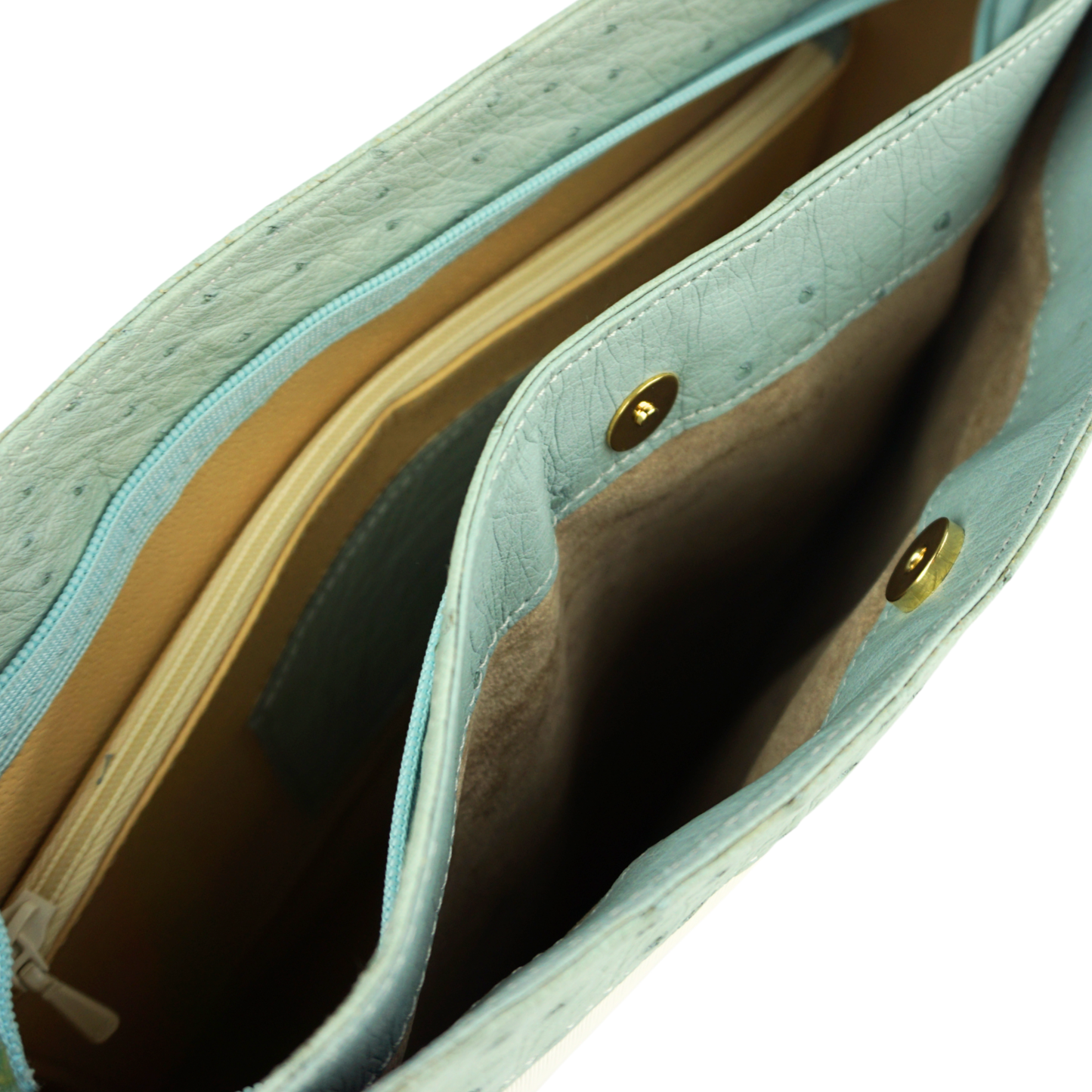 Straußenleder Handtasche in Hellblau/Beige mit goldfarbenen Details